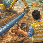 Gambar karikatur ilustrasi pengorekan JDU SPAM di Kecamatan Sunggal oleh Dinas Cipta Karya dan Tata Runang, Kabupaten Deli Serdang.